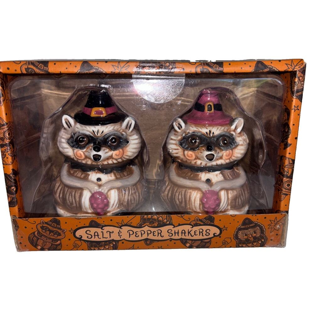 Johanna Parker Raccoon Thanksgiving Fall Salt & Pepper Shakers Harvest NEW